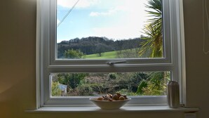 Une fenêtre donnant sur un paysage verdoyant et des collines.