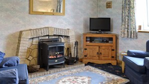 A living room with a stone fireplace, a television on a wooden stand, a blue sofa, and a patterned rug.