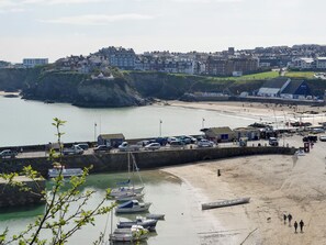 A coastal town with a marina, beach, and residential buildings.