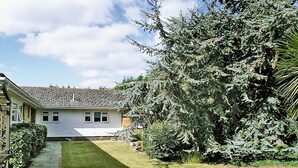 A house with a front yard, a pathway, and a large evergreen tree.
