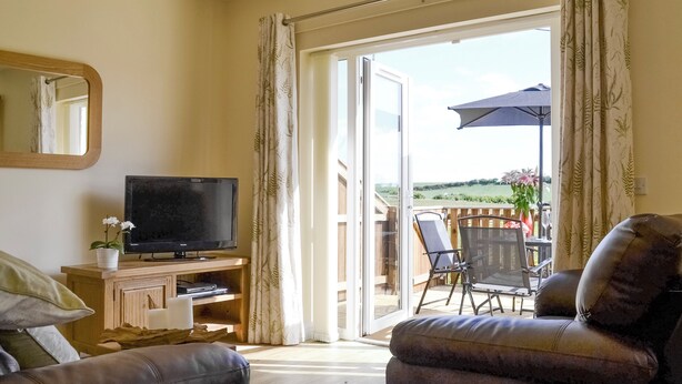 Un salon comprenant un téléviseur, un canapé, une table basse et une porte-fenêtre coulissante donnant sur un espace extérieur avec une table et des chaises de patio.
