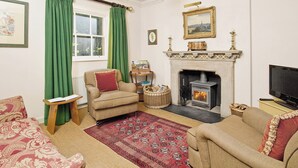 A traditional living room with a fireplace, green curtains, a sofa, and a television. - Gardener's Cottage-UXT (Near Castle Douglas)