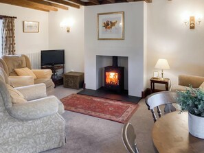 Una sala de estar acogedora con chimenea, asientos cómodos, televisor y decoración en las paredes.