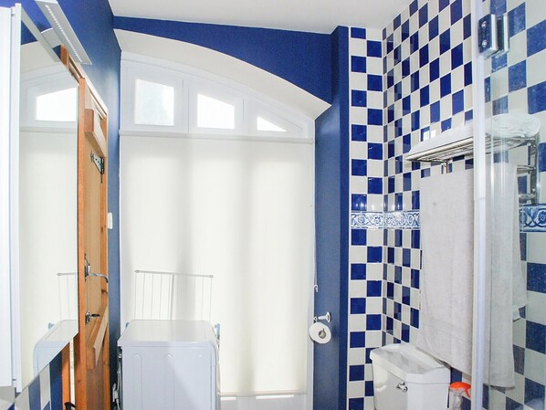 Un baño con pared de azulejos blancos y azules a cuadros, un inodoro blanco y una cabina de ducha de vidrio.