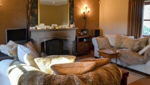 Una sala de estar acogedora con chimenea, un espejo grande y un sofá con cojines estampados.