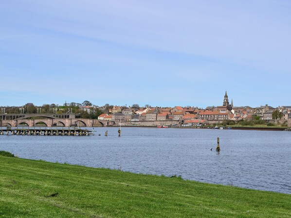 A riverside view of a town with historic buildings, a bridge, and a church tower.