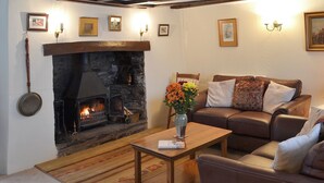 A cozy living room with a fireplace, a sofa, a coffee table, and a rug. - 5 bedroom accommodation in Parkham, near Bideford (Parkham, near Bideford)