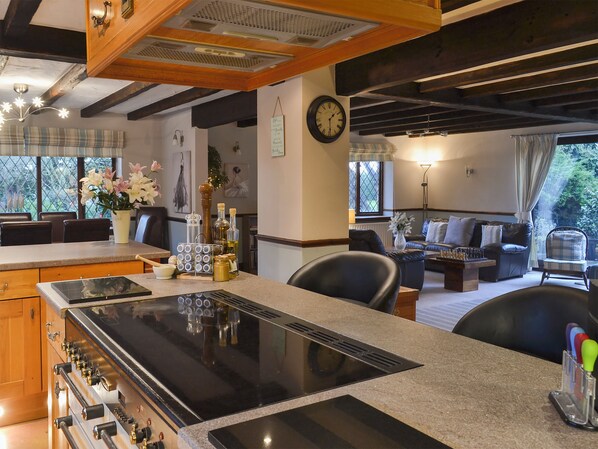 Una cocina con estufa, una mesa de comedor y un área de estar con sofá y sillón.