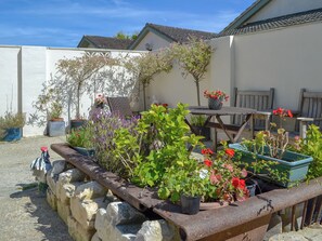 Un jardín con diversas macetas de plantas y flores, una mesa de madera y sillas.