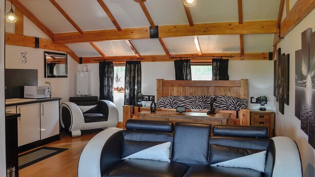 Un intérieur de chalet chaleureux avec un plafond en bois, un coin cuisine, un canapé et un espace repas.