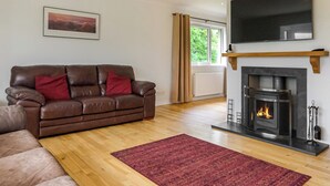 Una sala de estar con un sofá de cuero marrón, un tapete rojo, una chimenea y un televisor montado arriba.