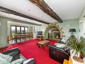 Sala de estar com lareira de pedra, área de jantar com vista e tapete vermelho.