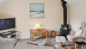 A living room with a television, a wooden side table, a sofa, a chair, a fireplace, and a painting on the wall. - 2 bedroom accommodation in Port Isaac (Port Isaac)