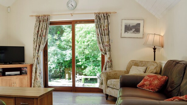 A living room with a television, wooden cabinet, leather sofa, and a view of greenery through the glass doors.