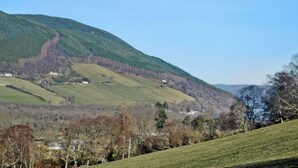 A rural landscape with rolling hills, scattered houses, and a clear sky.