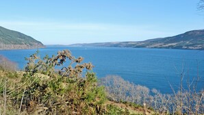 A clear view of a large body of water with distant hills and sparse vegetation.