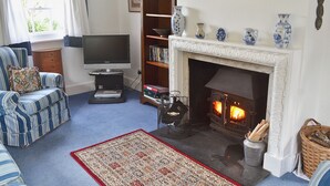 A living room with a fireplace, a television, a bookshelf, and a patterned rug.