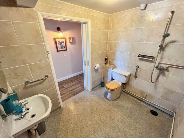 Un baño con inodoro, lavamanos y ducha.