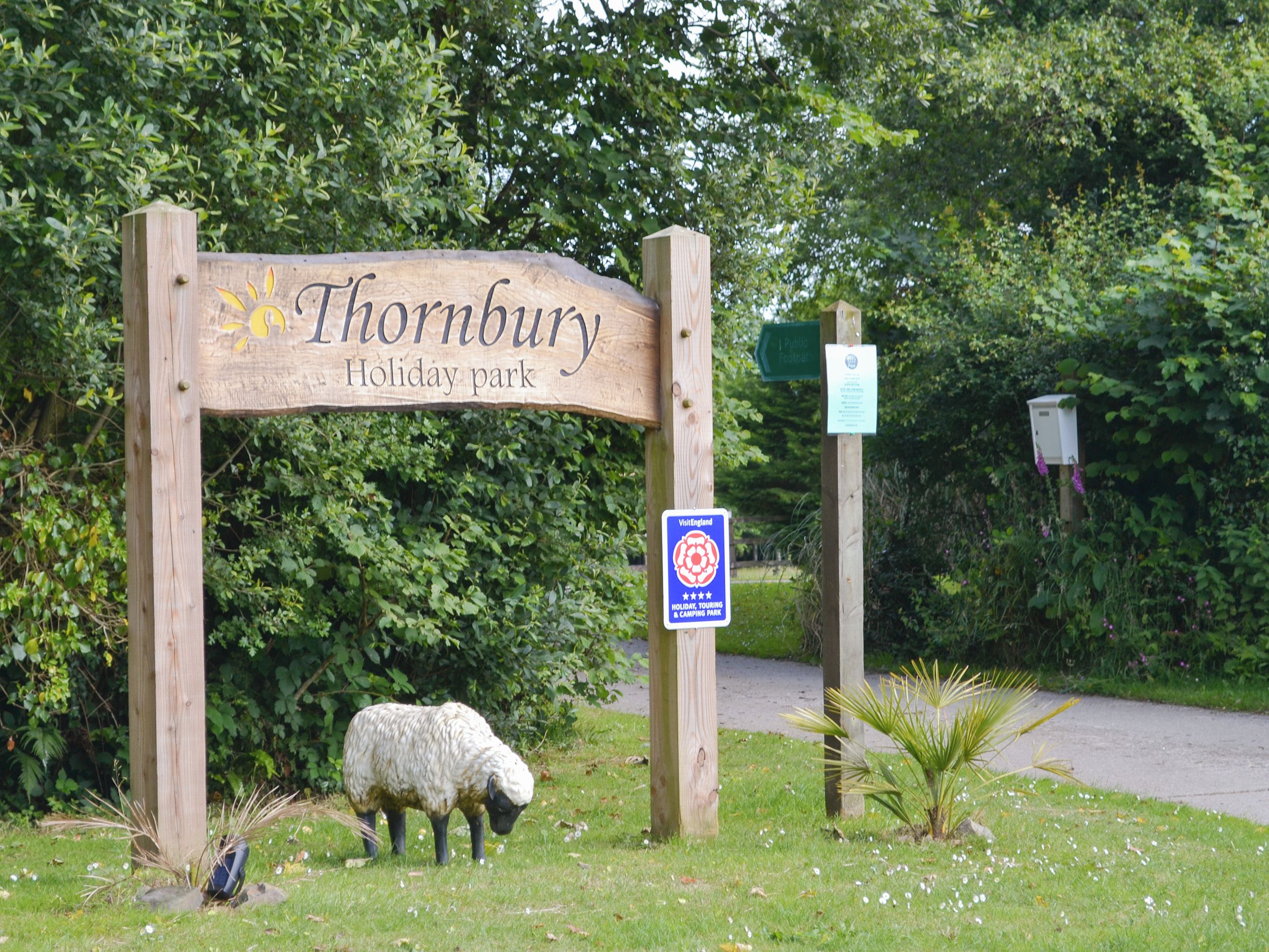 Señal de madera del Thornbury Holiday Park con una oveja pastando cerca.