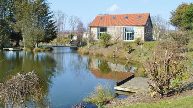 A house with a red roof, a pond, and a wooden dock.