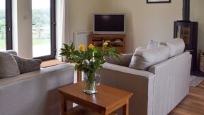A living room with a sofa, a TV, a fireplace, and a view of the outdoors. - 2 bedroom accommodation in Wadhurst, near Tunbridge Wells (Wadhurst, near Tunbridge Wells)