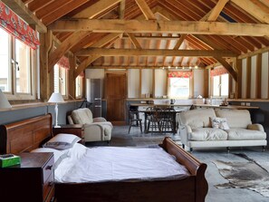 A spacious room with a bed, a sofa, a dining table, and a kitchen area.