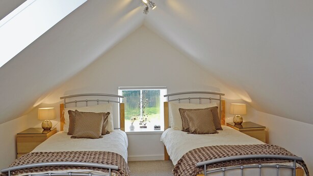 A bedroom with two beds, a skylight, and a window with a view of greenery.