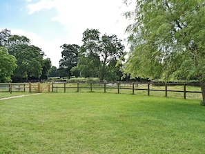 A grassy field with a wooden fence and trees in the background.