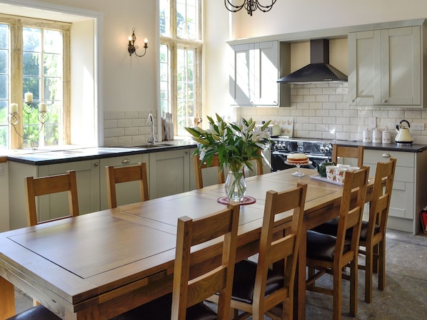 A kitchen with a dining table, chairs, a stove, and a window with plants.