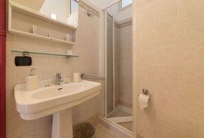Shower, bidet, towels, shampoo