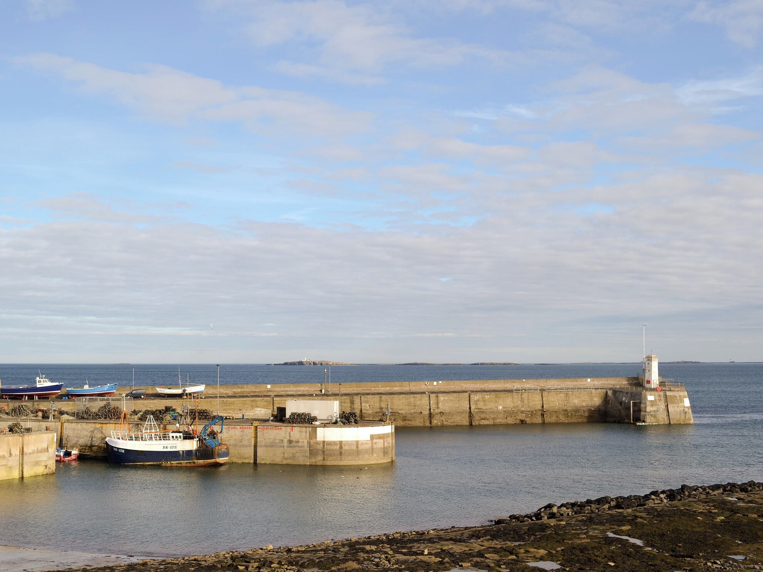 A harbor with boats docked, a lighthouse, and a distant island.
