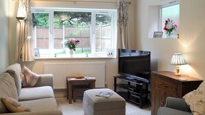 Un salon comprenant un canapé, un pouf, un meuble pour la télévision et une fenêtre donnant sur un jardin.