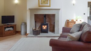 A living room with a fireplace, a television, and a sofa. - Woodpecker Cottage - UKC3412 (Bolton-by-Bowland)