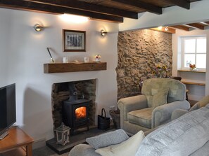Un salón acogedor con chimenea de piedra, un sillón cómodo y un televisor sobre una mesa de madera.
