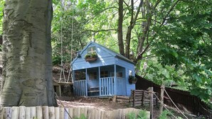 A small blue cabin surrounded by trees and ferns. - 3 bedroom accommodation in Hebden Bridge Birkenhead Cottage (Hebden Bridge Birkenhead Cottage)