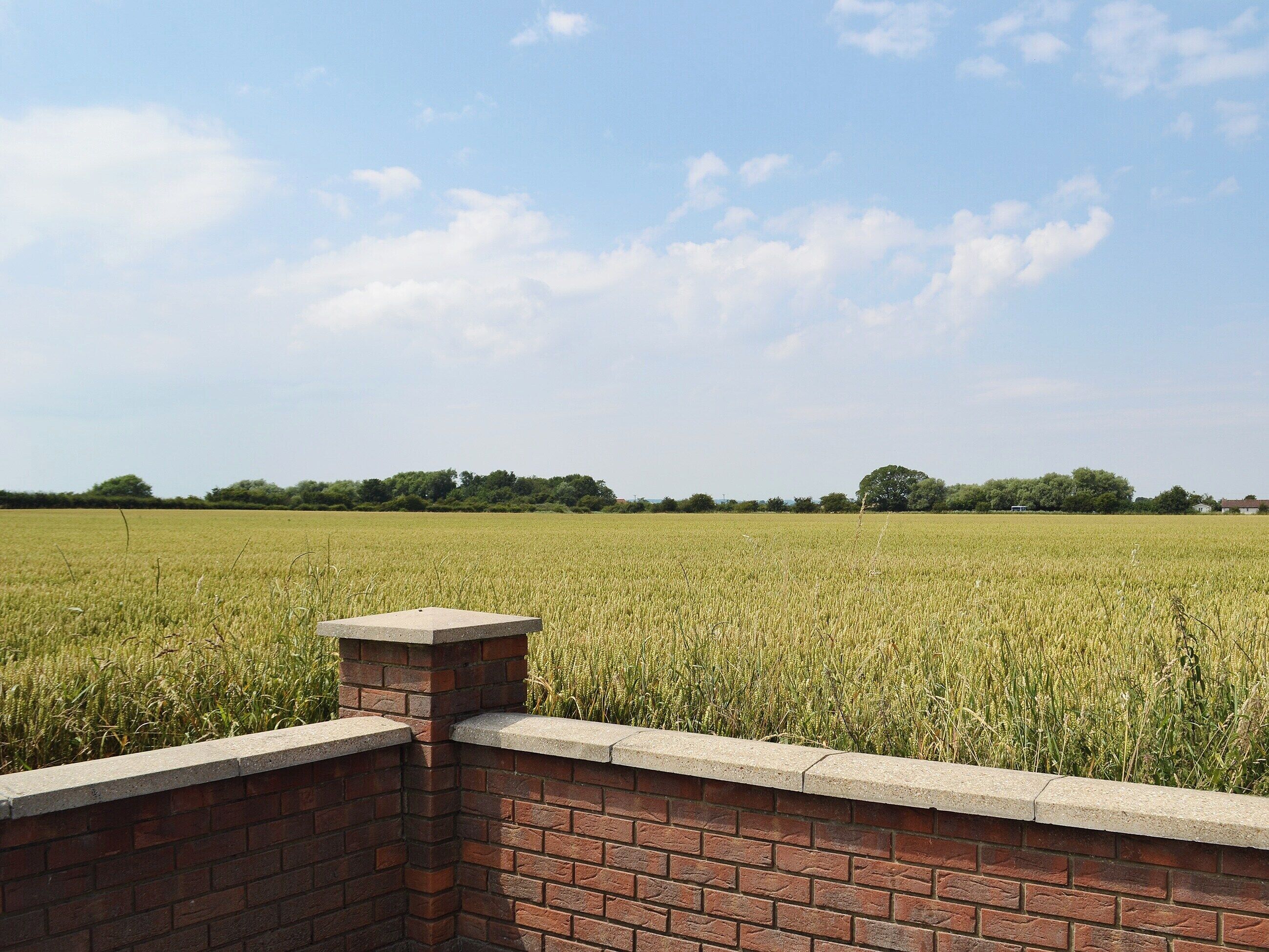 Un muro de ladrillo con un borde de hormigón que da a un campo de cultivos bajo un cielo despejado.