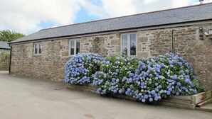 Ein Steinhaus mit einem Ziegeldach, zwei Fenstern und einem Blumenbeet mit blauen Blumen.