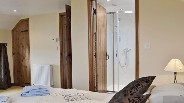 A bedroom with a bed, a bedside lamp, a shower area, and a wooden door. - 2 bedroom accommodation in Northlew, near Tavistock (Northlew, near Tavistock)