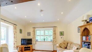 A living room with a television, sofa, armchair, and bookshelf. - COTTAGE IN THE POND W43212 (Garton, near Hornsea)