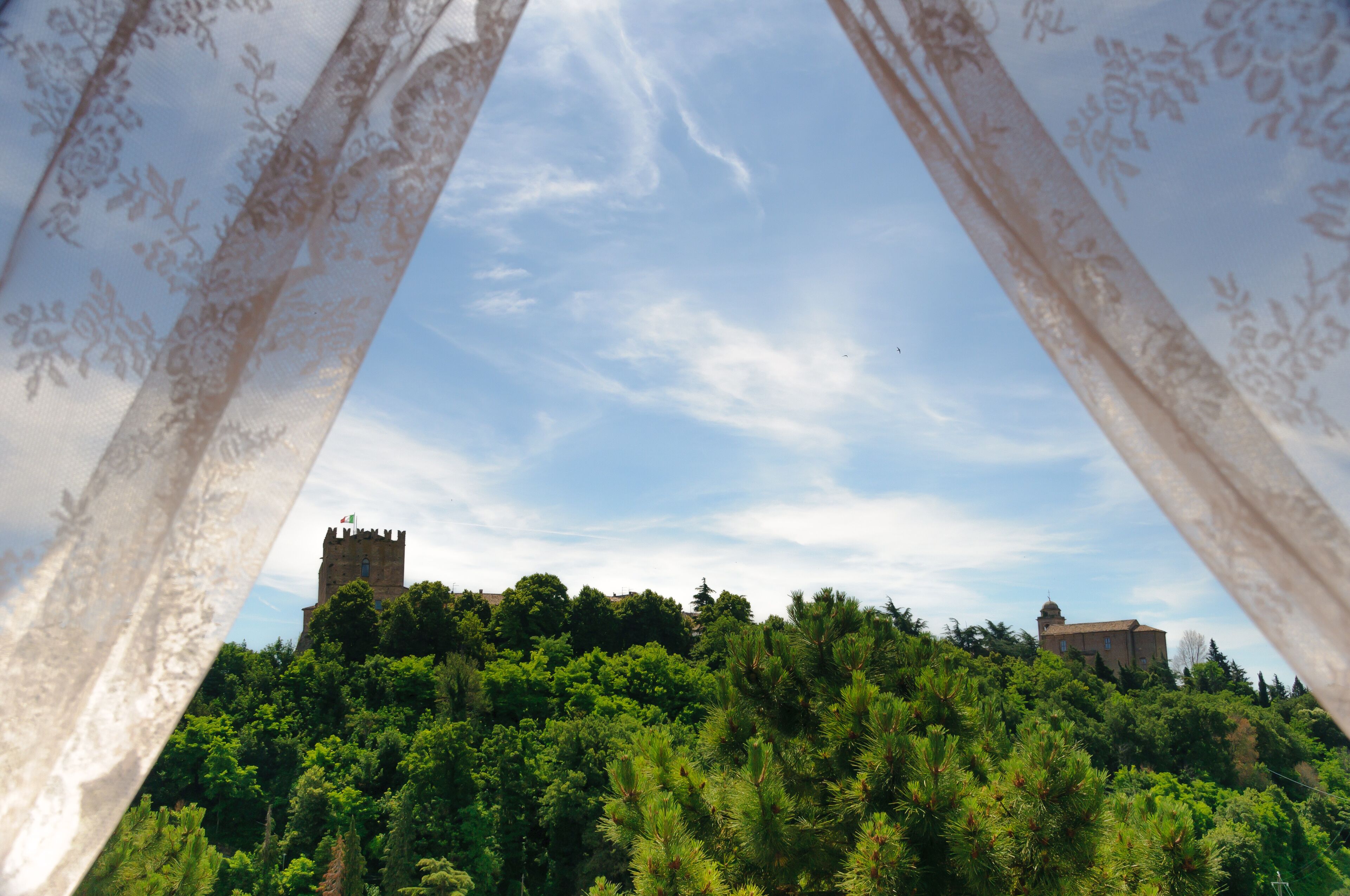 A castle on a hill with dense green foliage.
