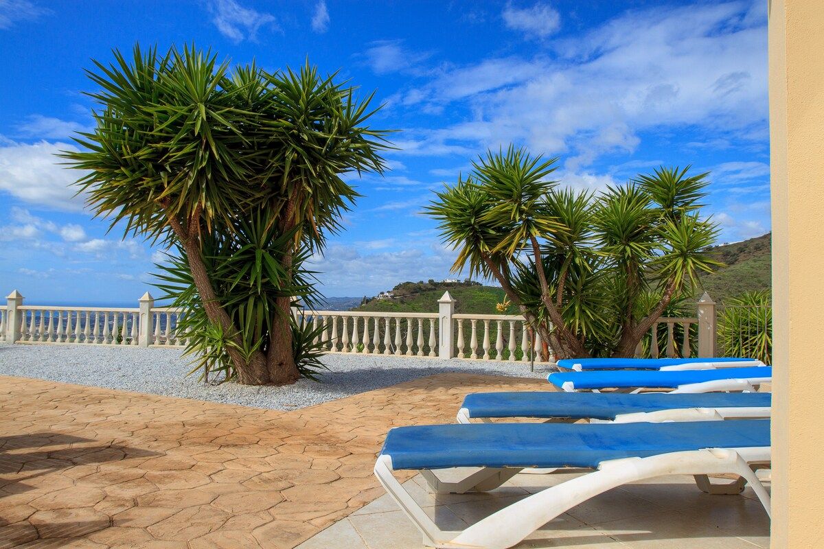 Een terras met lounge stoelen, palmbomen en uitzicht op het landschap.