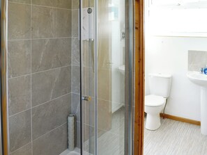 A bathroom with a glass-enclosed shower, a white toilet, and a sink.