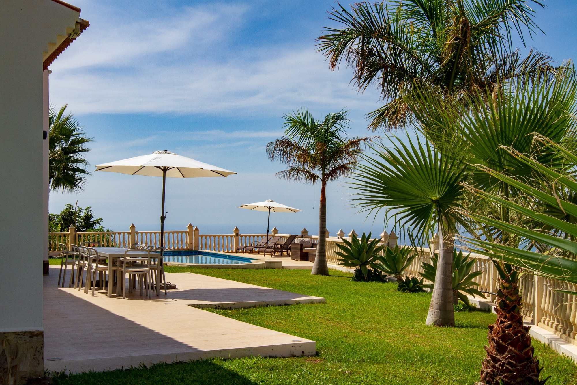 A poolside area with lounge chairs and umbrellas, surrounded by palm trees and a clear sky.