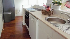 Cuina amb rentaplats, un rentamans i un taulell amb cistella i planta.