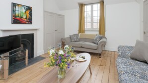 A living room with a sofa, a TV, a fireplace, and a window with curtains. - 3 bedroom accommodation in Selborne, near Alton (Selborne, near Alton)