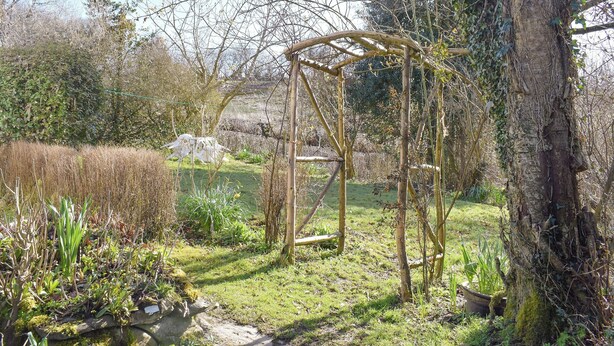 Un jardín con un arco de madera, diversas plantas y un sendero de piedra.