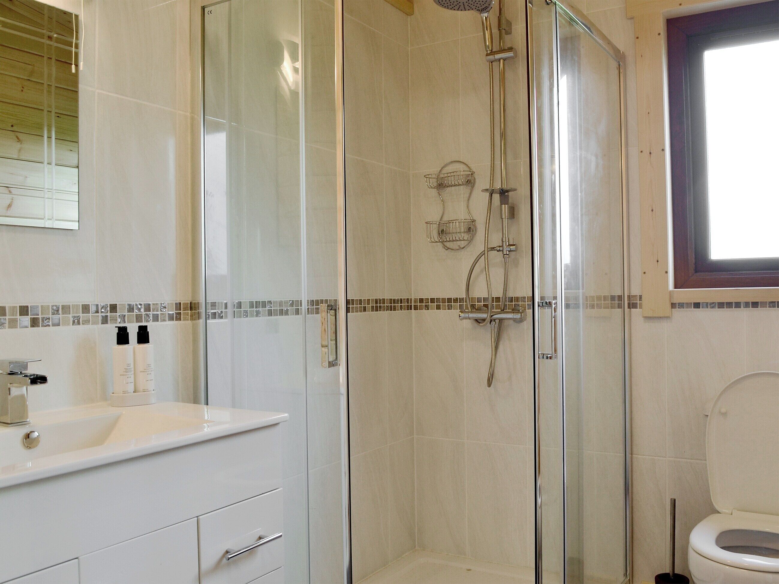 A modern bathroom with a glass-enclosed shower, a white sink, and a toilet.