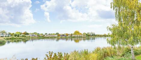 Un lac paisible, avec un ciel dégagé, entouré de verdure et bordé d’une rangée de maisons au loin.