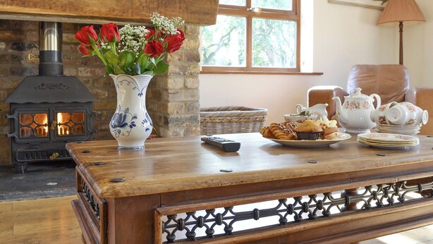 Un soggiorno accogliente con camino, un tavolino in legno con un vaso di fiori e una poltrona in vimini.