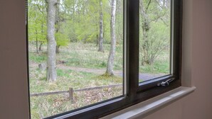 Ikkunasta avautuu näkymä metsäiselle alueelle.